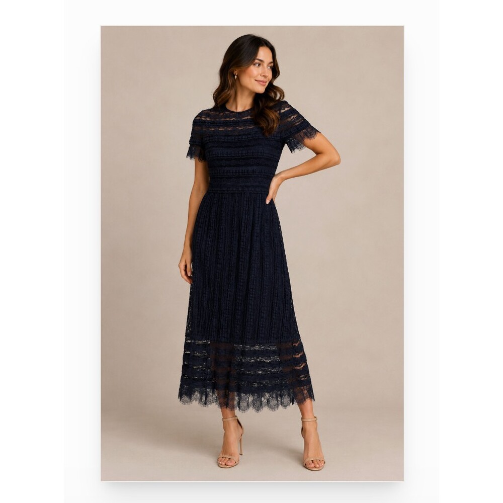 SHO by Tadashi Shoji Dress Womens Small Black Lace Short Sleeve Midi Party
